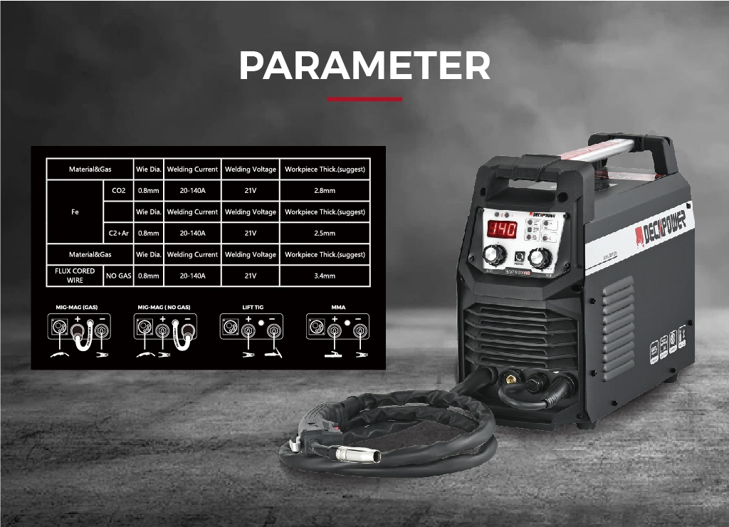Decapower New Arrival Economy CO2 Gasless MMA/TIG /MIG IGBT Inverter Welder 140A